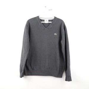 Lacoste Croc Logo V-Neck Long Sleeve Sweater Gray Vintage